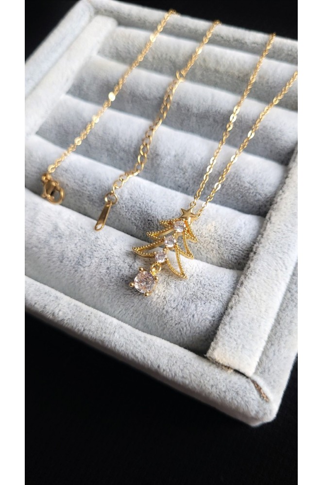 çelik çam ağacı Detaylı Tek Taş kolye