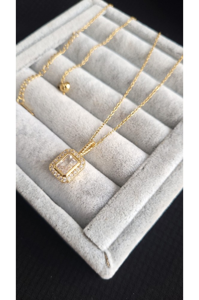 Çelik Beyaz Taşlı kare kolye