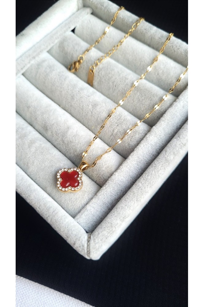 Çelik Bordo Taşlı Cleef Marka Zarif kolye