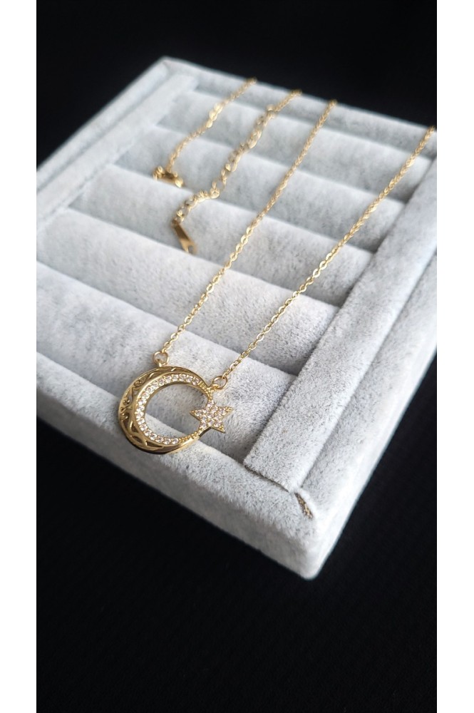 Çelik desenli ay yıldız kolye