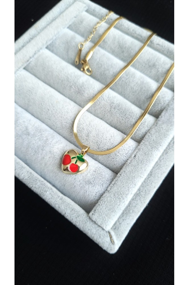 çelik kalpli Kiraz Detaylı kolye