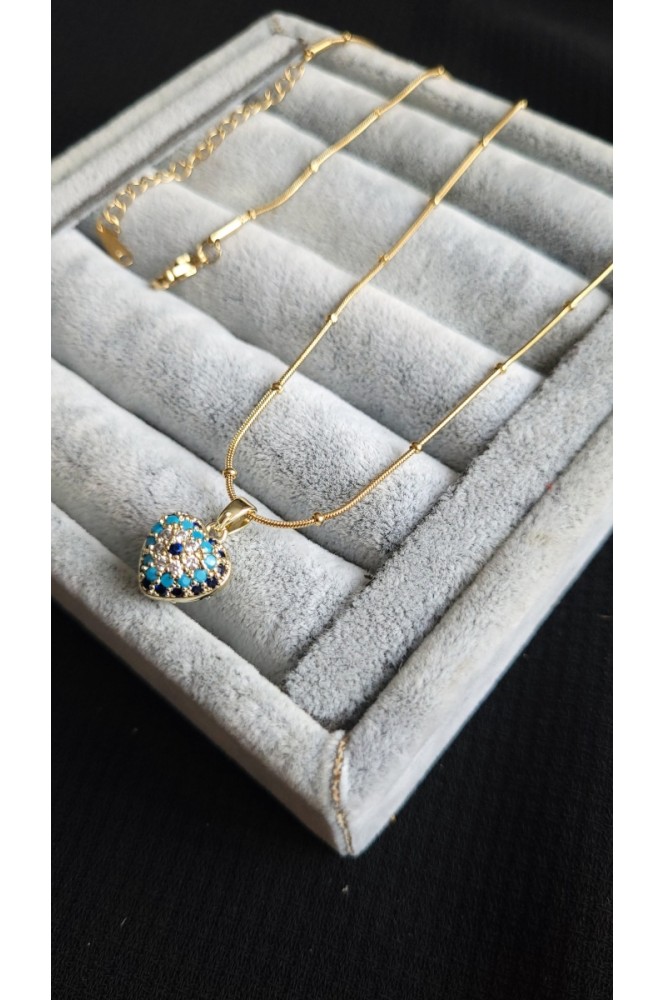 Çelik kalpli nazarlı kolye