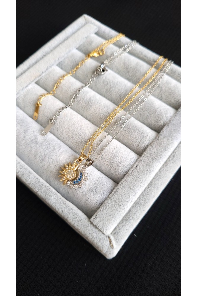 Çelik İkili Taşlı Ay ve Güneş Kolye