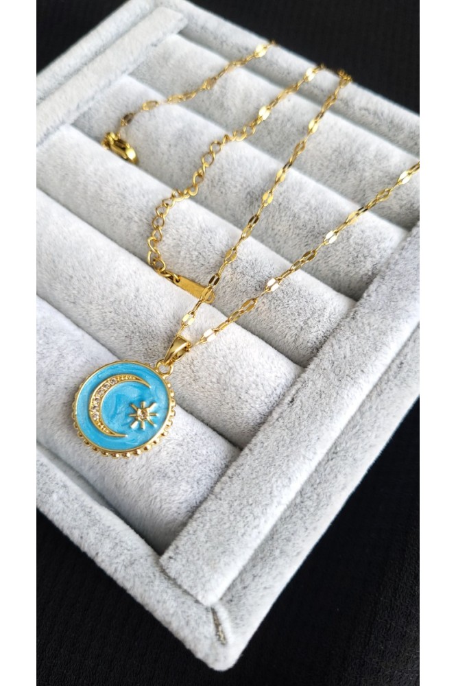 Çelik Mavi Ay Güneş kolye