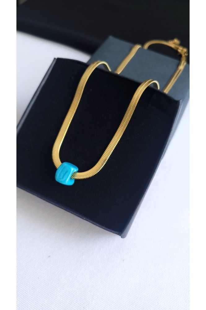 Çelik Mavi Cam Boncuk yassı kolye