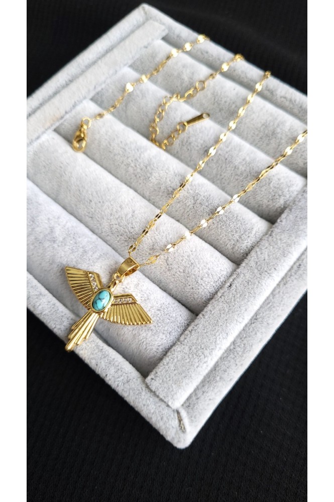 Çelik Mavi Taşlı Anka kolye