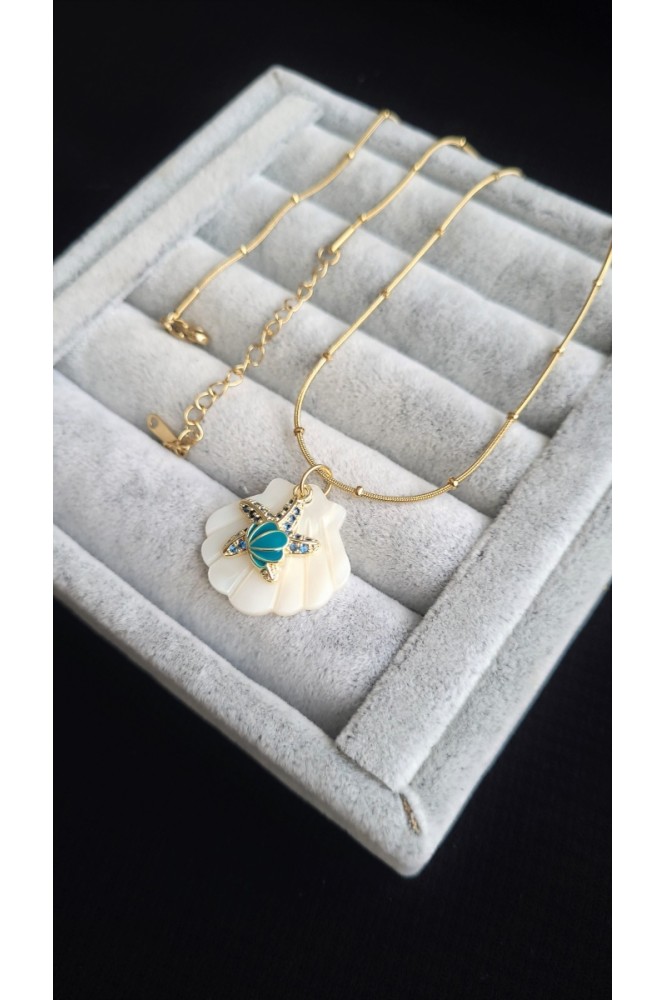 Çelik Mavi Yıldız Deniz Kabugu kolye