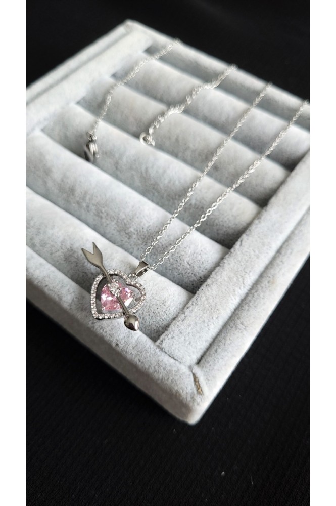 Çelik pembe taşlı kalp kolye Silver