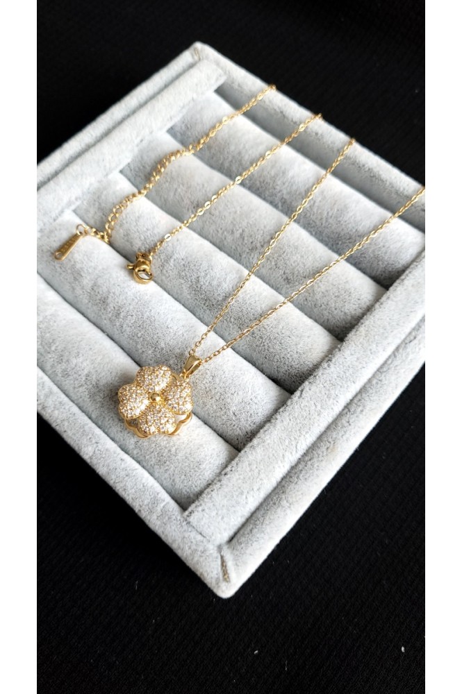 çelik Taş Detaylı dönen yonca kolye