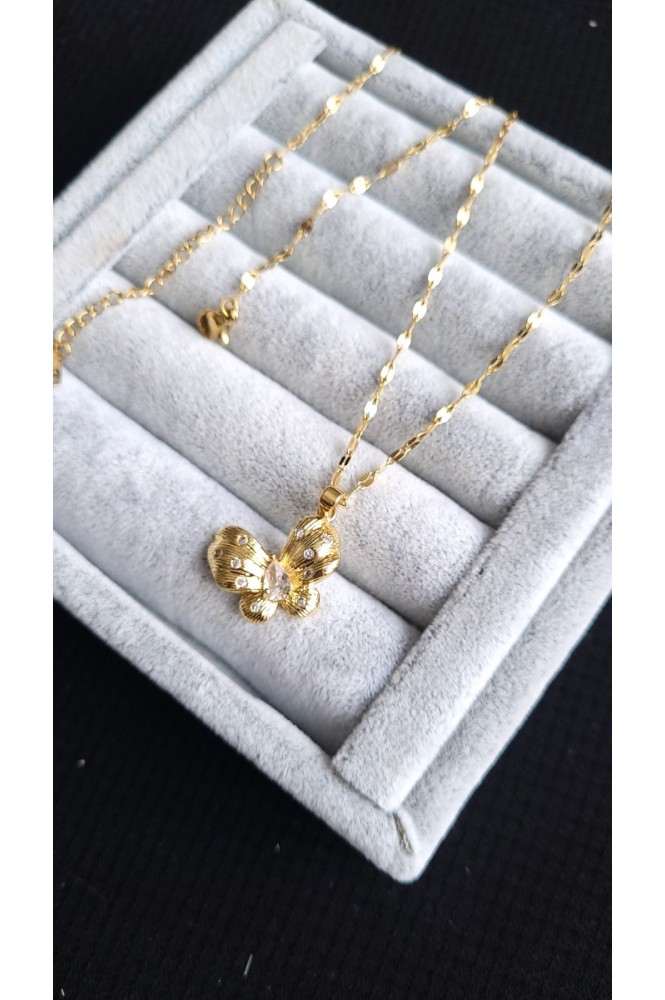 Çelik Taş Detaylı Kelebek kolye