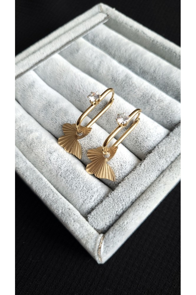 Çelik Tek Taş detaylı kelebek küpe