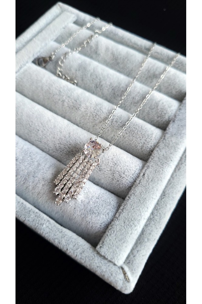 Çelik Tek Taş Detaylı Silver Kolye